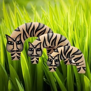 Vintage Laurel Burch Hand Painted Carved Wooded Trio of Striped Cats Figurines